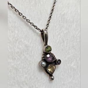 Genuine Multi-Gem Stone Sterling Silver Pendant Charm.